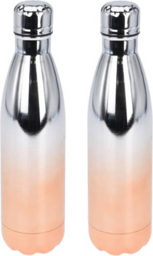 Excellent Houseware 2x Stuks Rvs Thermosflessen / Isoleerflessen Voor Onderweg 500 Ml Metallic Oranje/roze - Thermosflessen