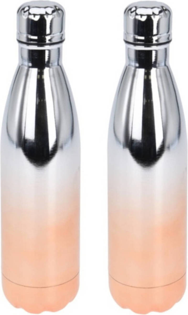 Excellent Houseware 2x Stuks Rvs Thermosflessen / Isoleerflessen Voor Onderweg 500 Ml Metallic Oranje/roze - Thermosflessen