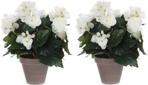 Mica Decorations 2x Stuks Witte Begonia Kunstplant 30 Cm In Grijze Pot - Kunstplanten