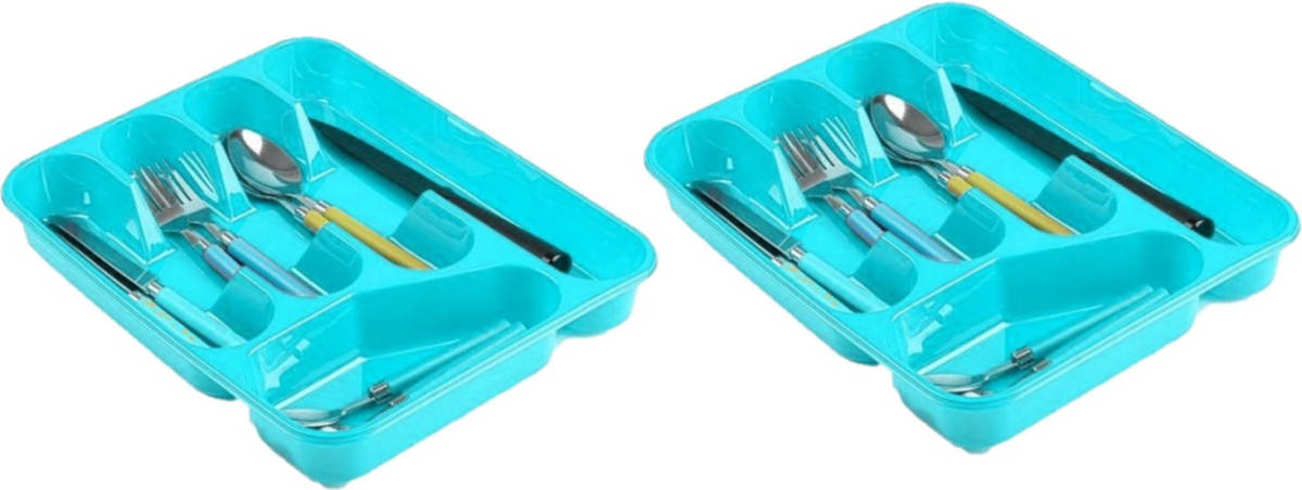 Forte Plastics 2x Stuks Bestekbakken/bestekhouders 5-vaks Blauw L27 X B34 X H5 Cm - Bestekbakken