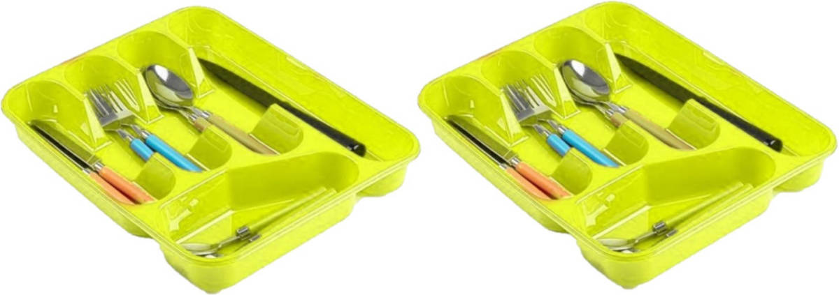 Forte Plastics 2x Stuks Bestekbakken/bestekhouders 5-vaks Lime Groen L27 X B34 X H5 Cm - Bestekbakken