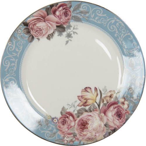 Clayre & Eef Servies Dinerbord Ø 26*2 Cm Blauw, Wit Porselein Bloemen Eetbord Blauw Eetbord