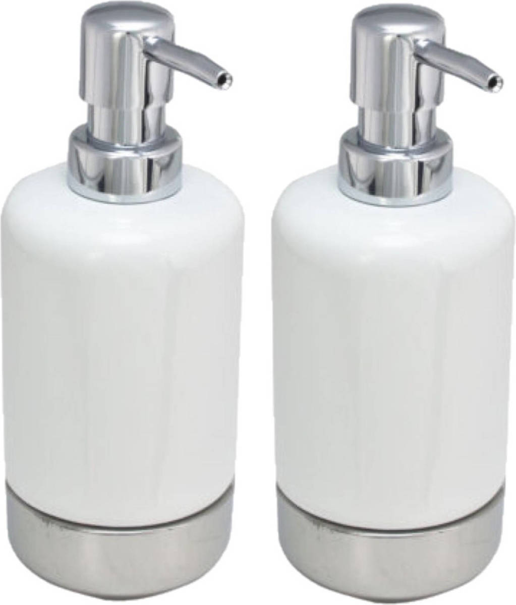 Svenska Living 2x Stuks Zeeppompjes/zeepdispensers Wit/zilver Keramiek 300 Ml - Zeeppompjes