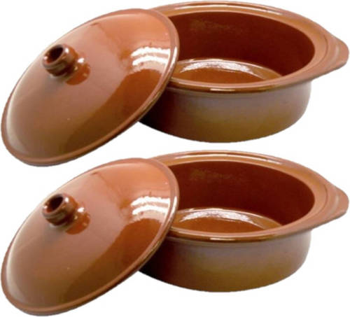 Shoppartners Set Van 2x Stuks Tapas Terracotta Ovenschalen/stoofpotten Cocotte Met Deksel 26 Cm - Braadpannen