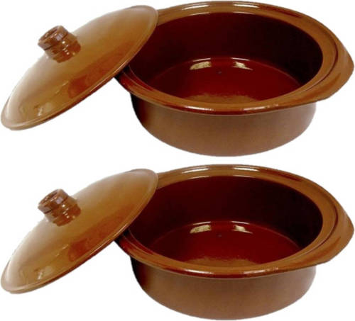 Shoppartners Set Van 2x Stuks Tapas Terracotta Ovenschalen/stoofpotten Cocotte Met Deksel 28 Cm - Braadpannen