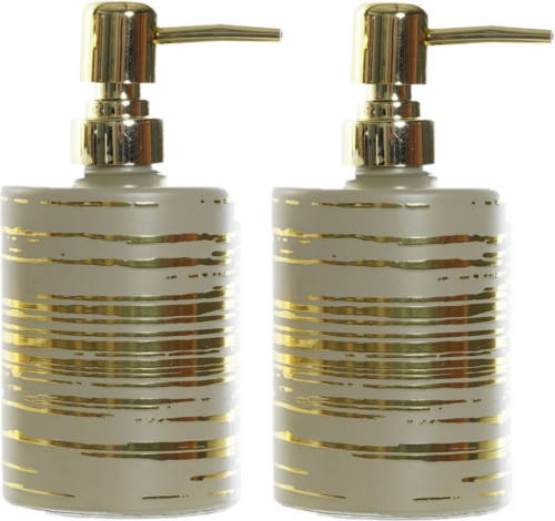 Items 2x Stuks Zeeppompjes/zeepdispensers Beige Met Gouden Strepen Van Glas 450 Ml - Zeeppompjes