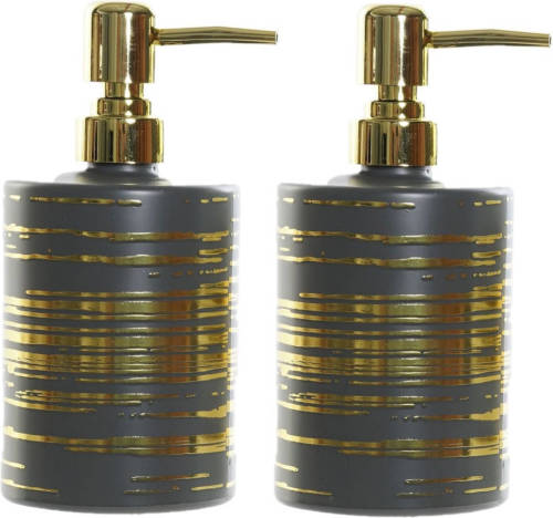 Items 2x Stuks Zeeppompjes/zeepdispensers Grijs Met Gouden Strepen Van Glas 450 Ml - Zeeppompjes