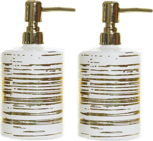 Items 2x Stuks Zeeppompjes/zeepdispensers Wit Met Gouden Strepen Van Glas 450 Ml - Zeeppompjes