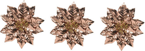 Decoris 4x Stuks Decoratie Bloemen Kerstster Koper Glitter Op Clip 24 Cm - Kunstbloemen