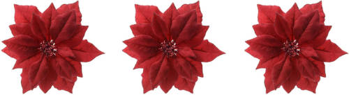 Decoris 4x Stuks Decoratie Bloemen Kerstster Rood Glitter Op Clip 24 Cm - Kunstbloemen