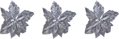 Decoris 6x Stuks Decoratie Bloemen Kerstster Zilver Glitter Op Clip 23 Cm - Kunstbloemen