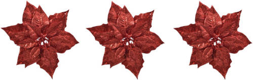 Decoris 6x Stuks Decoratie Bloemen Kerstster Rood Glitter Op Clip 23 Cm - Kunstbloemen