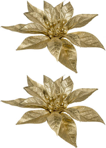 Cosy @ Home 3x Stuks Decoratie Bloemen Kerstster Goud Glitter Op Clip 18 Cm - Kunstbloemen