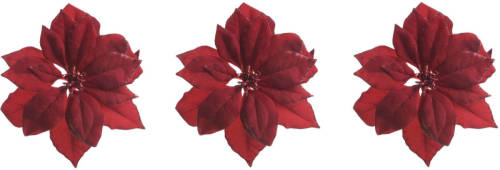 Decoris 6x Stuks Decoratie Bloemen Kerstster Rood Glitter Op Clip 24 Cm - Kunstbloemen