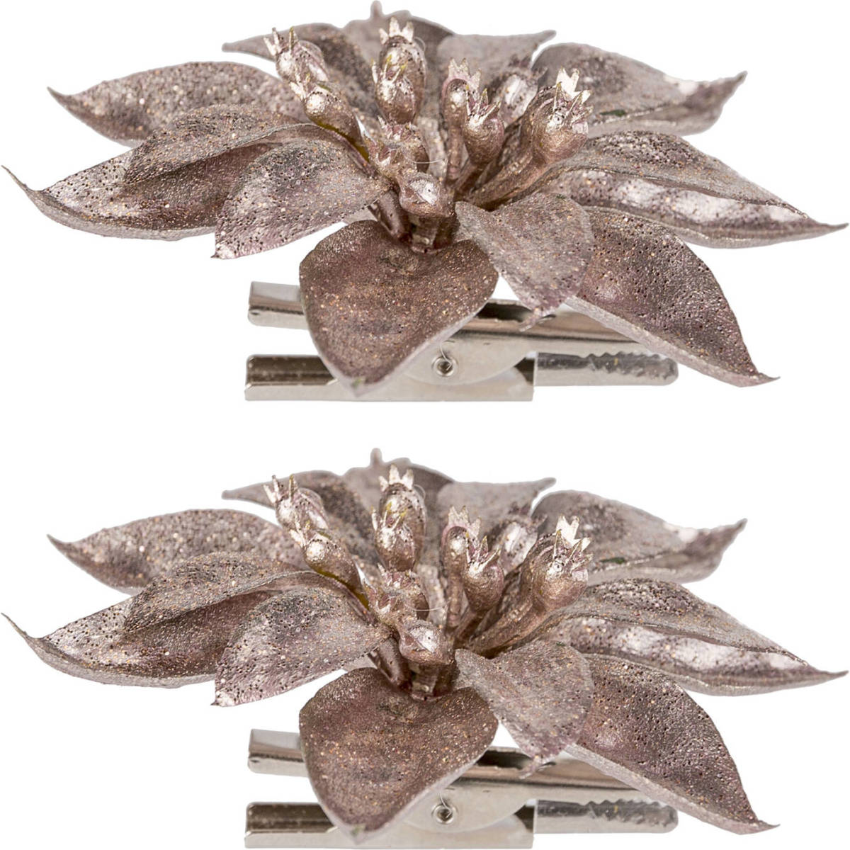 Cosy @ Home 2x Stuks Decoratie Bloemen Kerstster Roze Glitter Op Clip 9 Cm - Kunstbloemen