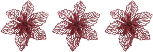 Cosy @ Home 3x Stuks Decoratie Bloemen Kerstster Rood Glitter Op Clip 17 Cm - Kunstbloemen