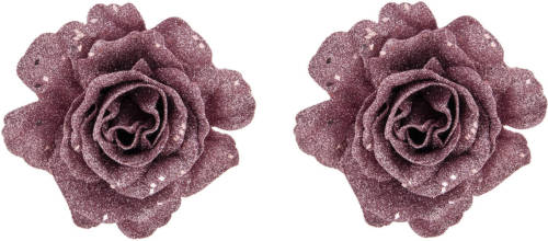 Cosy @ Home 2x Stuks Decoratie Bloemen Roos Roze Glitter Op Clip 10 Cm - Kunstbloemen