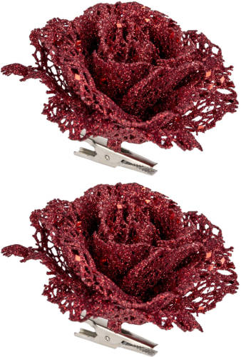 Cosy @ Home 2x Stuks Decoratie Bloemen Roos Rood Glitter Op Clip 10 Cm - Kunstbloemen