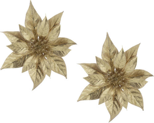 Cosy @ Home 2x Stuks Decoratie Bloemen Kerstster Goud Glitter Op Clip 18 Cm - Kunstbloemen