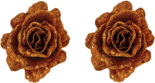 Cosy @ Home 2x Stuks Decoratie Bloemen Roos Koper Glitter Op Clip 10 Cm - Kunstbloemen
