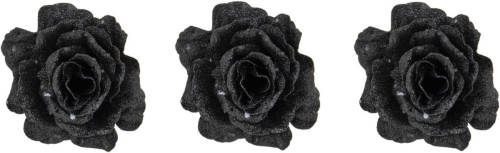 Cosy @ Home 6x Stuks Decoratie Bloemen Roos Zwart Glitter Op Clip 10 Cm - Kunstbloemen