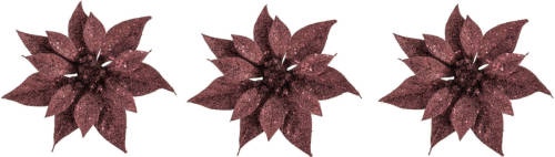 Cosy @ Home 3x Stuks Decoratie Bloemen Kerstster Donkerrood Glitter Op Clip 18 Cm - Kunstbloemen