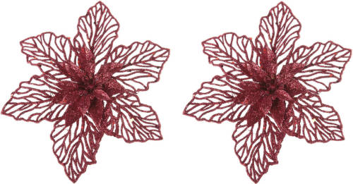 Cosy @ Home 2x Stuks Decoratie Bloemen Kerstster Rood Glitter Op Clip 17 Cm - Kunstbloemen
