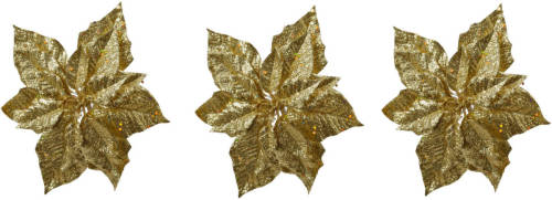 Decoris 6x Stuks Decoratie Bloemen Kerstster Goud Glitter Op Clip 23 Cm - Kunstbloemen