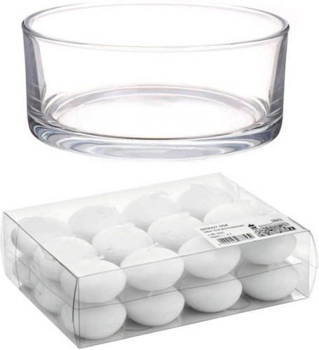 Shoppartners Cadeau Set Lage Luxe Vaas 19 Cm Met Witte Drijfkaarsen - Waxinelichtjes