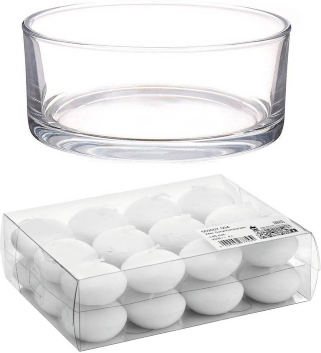 Shoppartners Cadeau Set Lage Luxe Vaas 19 Cm Met Witte Drijfkaarsen - Waxinelichtjes
