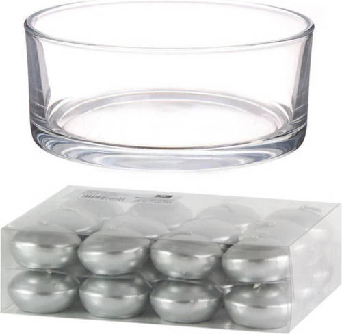 Shoppartners Cadeau Set Lage Luxe Vaas 19 Cm Met Zilveren Drijfkaarsen - Waxinelichtjes