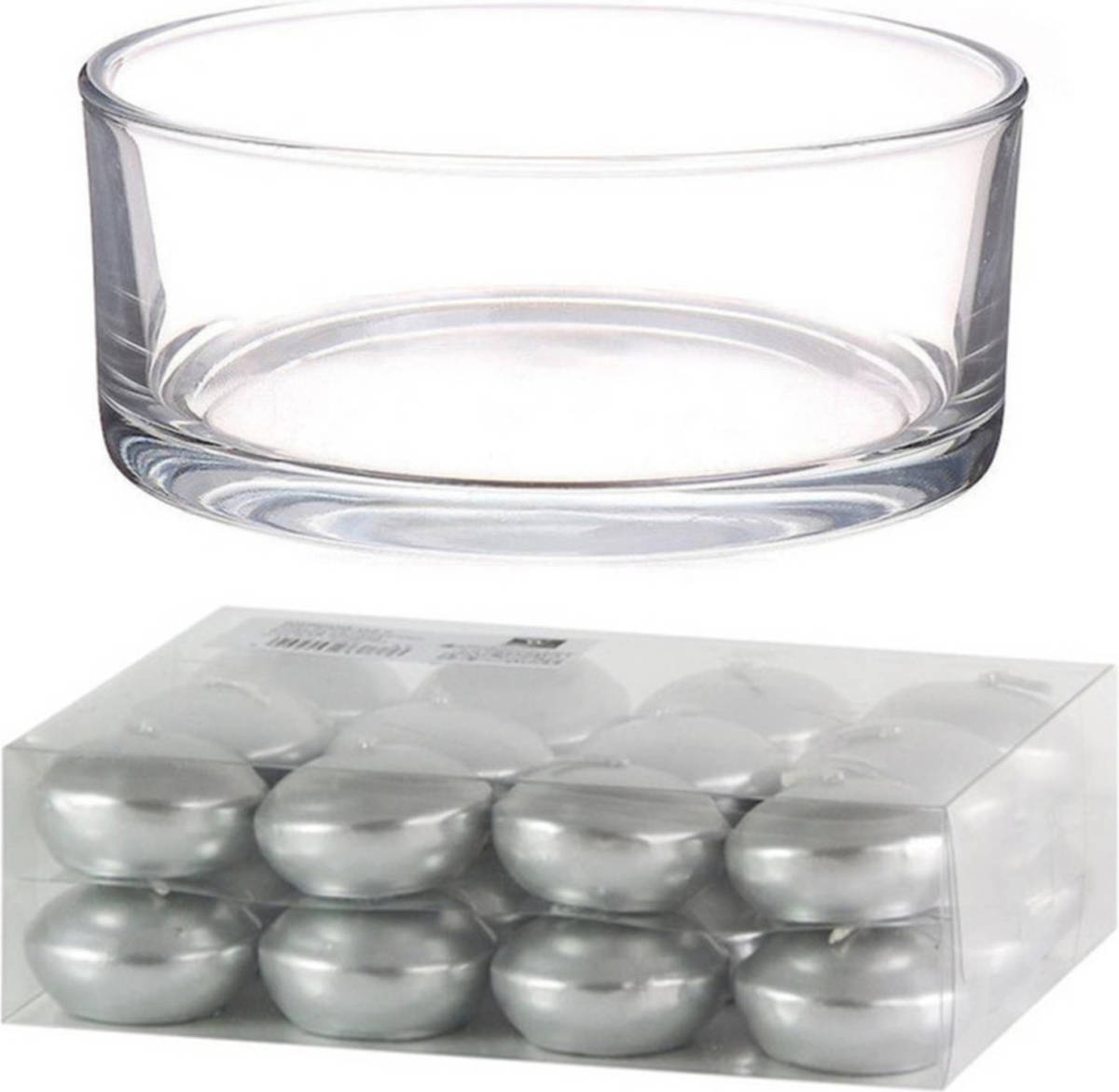 Shoppartners Cadeau Set Lage Luxe Vaas 19 Cm Met Zilveren Drijfkaarsen - Waxinelichtjes