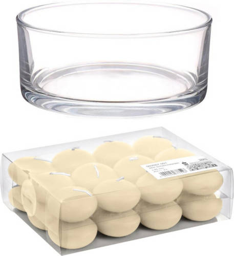 Shoppartners Cadeau Set Lage Luxe Vaas 19 Cm Met Creme Witte Drijfkaarsen - Waxinelichtjes