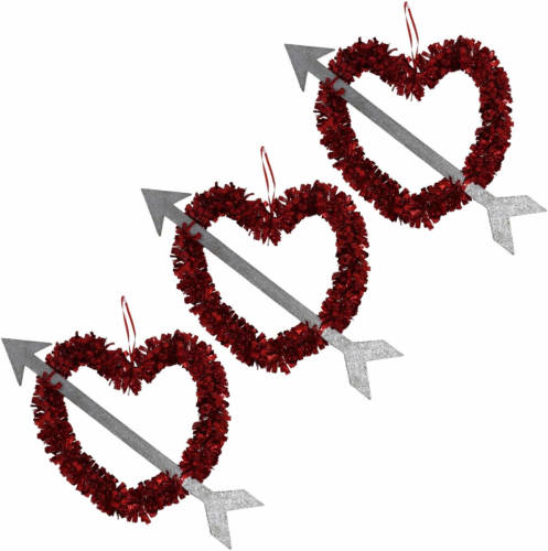 Gerim 5x Rood Valentijn/bruiloft Hangdecoratie Hart Met Pijl 45 Cm - Hangdecoratie