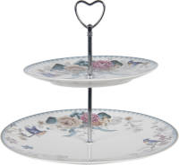 Clayre & Eef Taartplateau Op Voet Ø 26 Cm Wit Roze Porselein Rond Bloemen Etagère Taartschaal Serveerschaal Wit Etagère