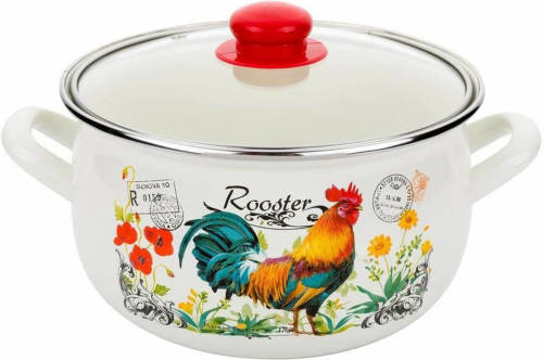 Emalia Retro Haan Rooster Geëmailleerde Vintage Kookpan 20 Cm 4.2 Liter Crème / Rood