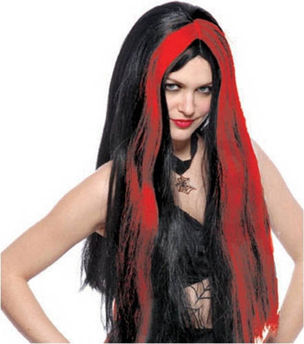 Funny Fashion Halloween Heksenpruiken Lang Zwart/rood - Verkleedpruiken