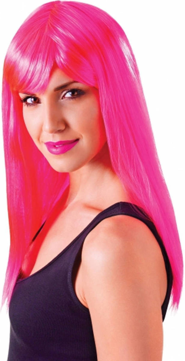 Bristol novelty Lange Neon Roze Damespruik Met Pony - Verkleedpruiken