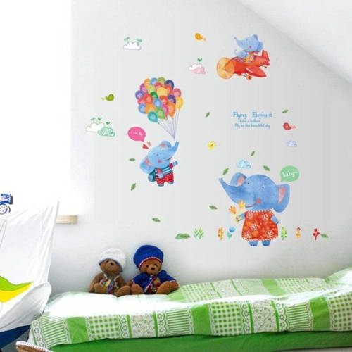 Tofok Muursticker - Kinderkamer - Olifant - Ballon - Vliegtuig - Kleurrijk - Jongens & Meisjes