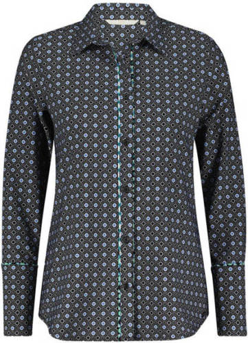 Didi blouse Journey van travelstof met all over print zwart/blauw