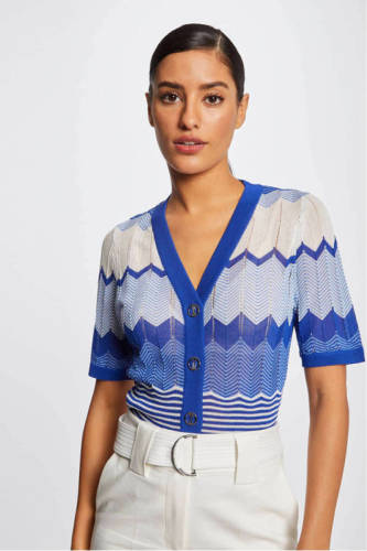 Morgan fijngebreide top met all over print blauw/ ecru