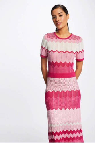 Morgan fijngebreide maxi jurk met all over print fuchsia/ ecru