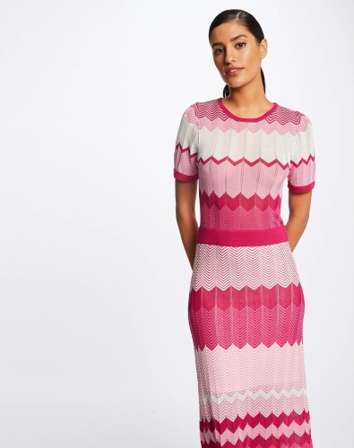 Morgan fijngebreide maxi jurk met all over print fuchsia/ ecru
