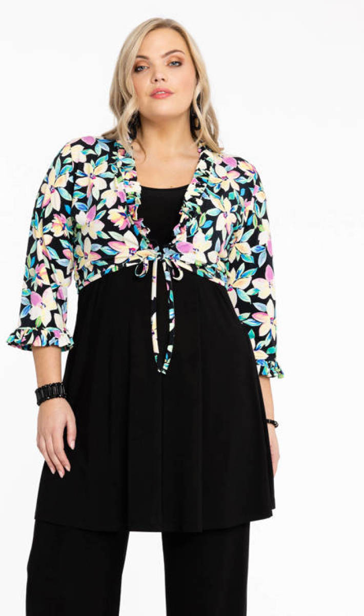 Yoek bolero DOLCE van travelstof met all over print zwart/geel/roze