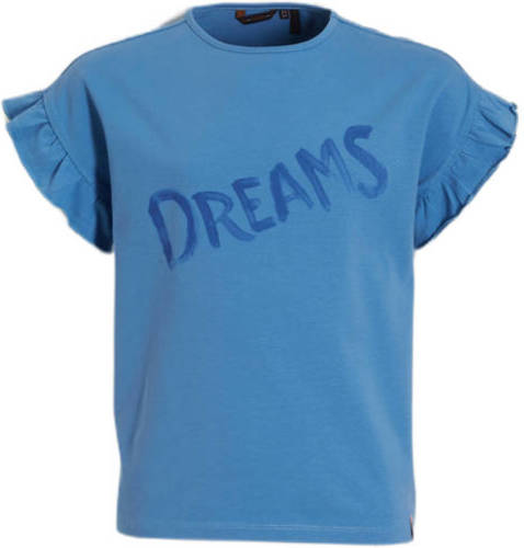NONO T-shirt Kanou met tekst en ruches blauw