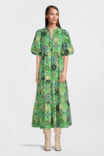 Geisha trapeze jurk met all over print groen/blauw/geel