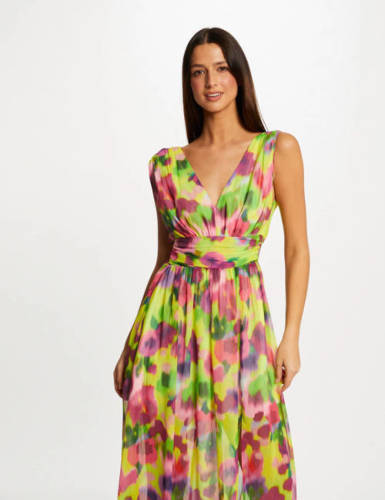 Morgan maxi jurk met all over print en plooien geel/roze/groen