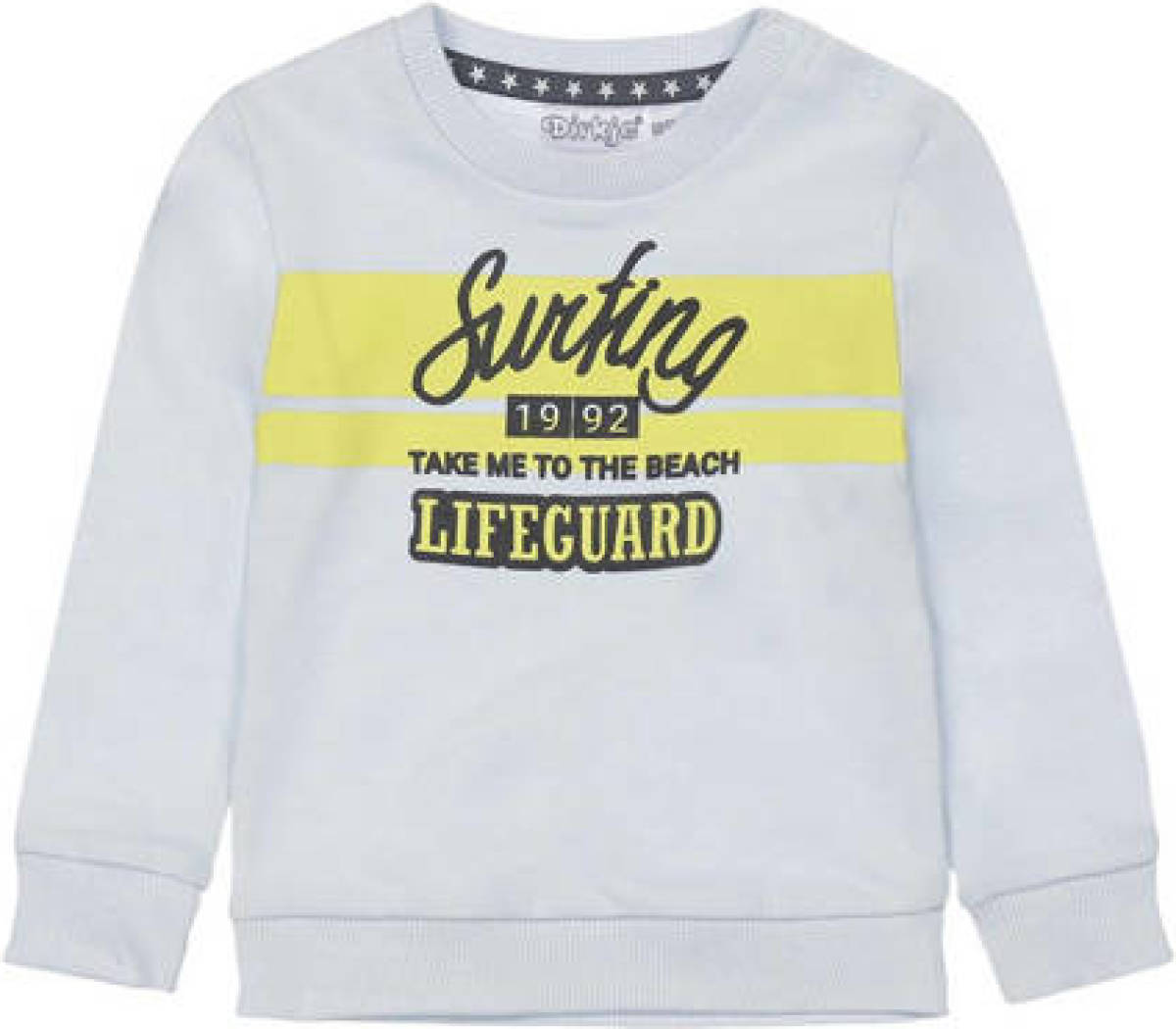 Dirkje sweater met printopdruk lichtblauw/geel