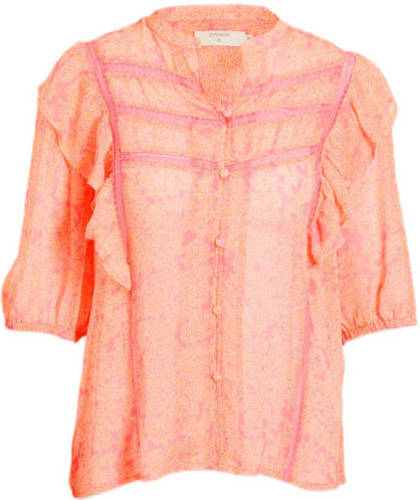 Cream blouse met all over print en ruches oranje/roze