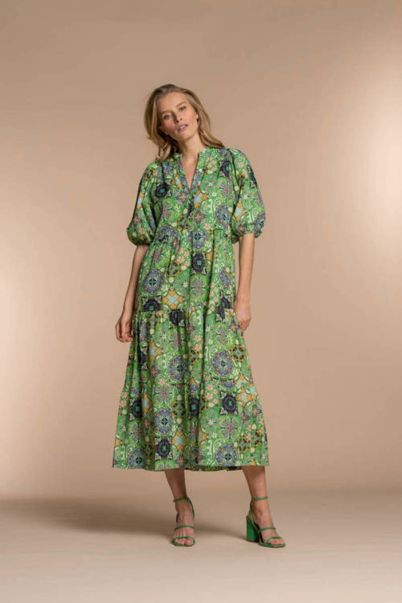 Geisha trapeze jurk met all over print groen/blauw/geel